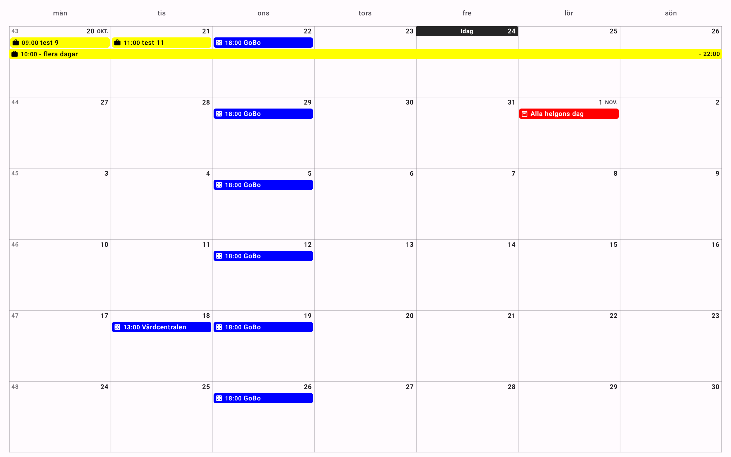 Skärmbild av KalenderAppen som visar en anpassningsbar familjekalender.